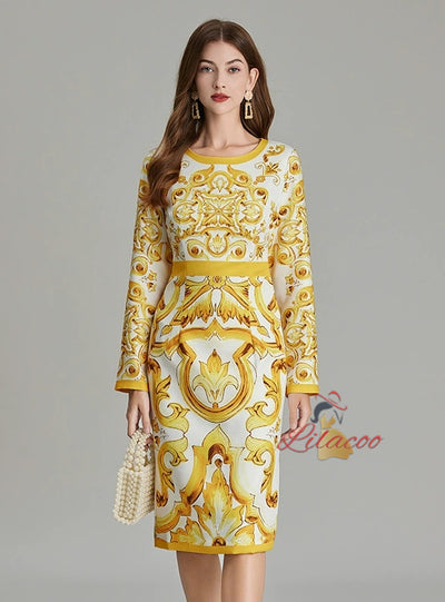 Retro Round Neck Printed Long-sleeved Slim Dress