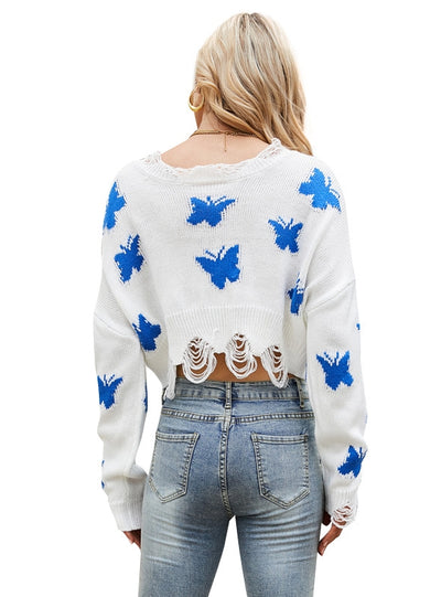 Long Sleeve Butterfly Pattern V-neck Sweater