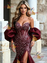 Burgundy Mermaid Tulle Beading Prom Dress