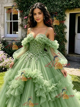 Green Tulle Straps Long Sleeve Beading Quinceanera Dress