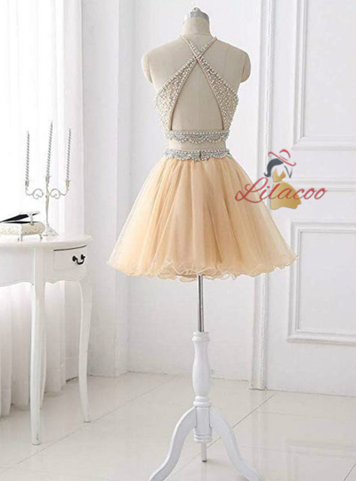 Champagne Tulle Two Piece Homecoming Dress