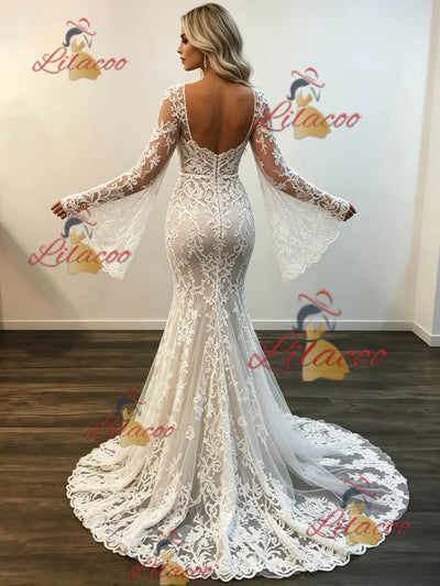 White Mermaid Lace Long Sleeve Wedding Dress