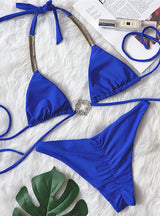 Sexy Strap Rhinestone Pleated Bikini