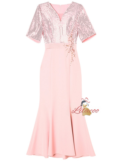 Pink Short Sleeve Sequins Flower Mother Of The Bride Dress