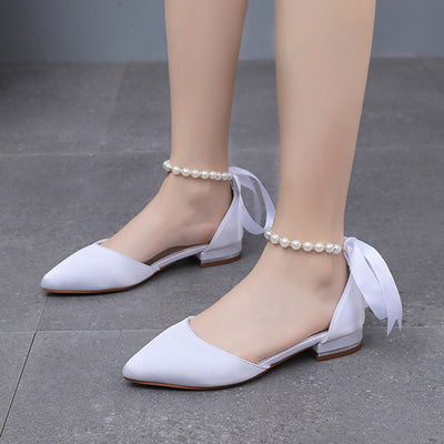 Flat-heeled Pointed Satin Beaded Bridal Shoes