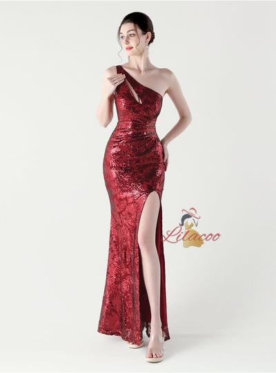 Mermaid Sequins One Shoulder Split Prom Dress