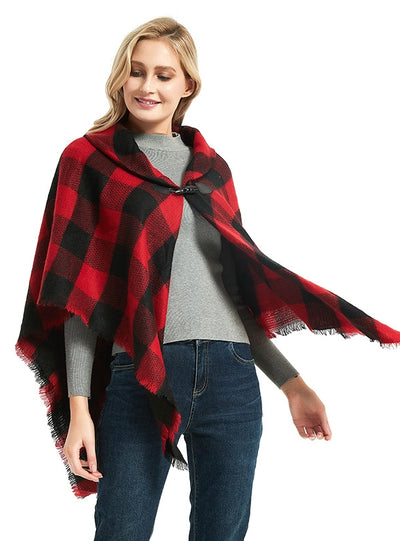 Lapel Horn Buckle Plaid Cloak Shawl