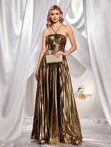 Gold Straps Pleats Prom Dress