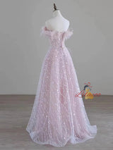 Pink Sequins Off the Shoulder Pearls Prom Dress