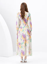 Retro V-neck Single-breasted Printed Long Dress