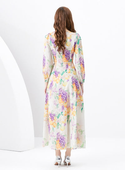 Retro V-neck Single-breasted Printed Long Dress