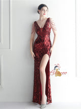 V-neck Sequins Beading Prom Dress