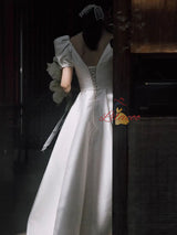 White Satin V-neck Short Sleeve Wedding Dress