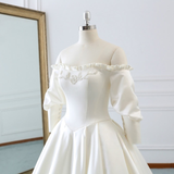 Ivory White Satin Puff Sleeve Wedding Dress