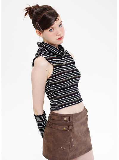 High-necked Sleeveless Striped Knitted Vest