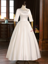 White Satin Short Sleeve Button Wedding Dress