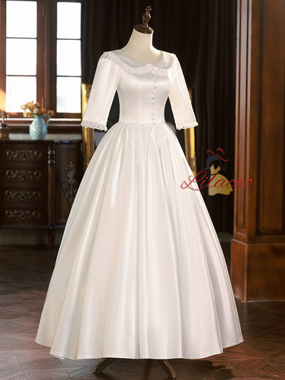 White Satin Short Sleeve Button Wedding Dress