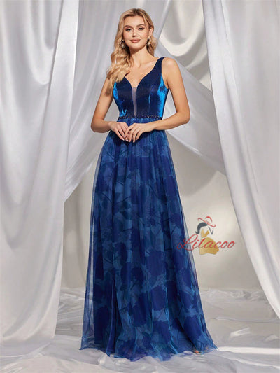 V-neck Print Stitching Rhinestone Split Dress