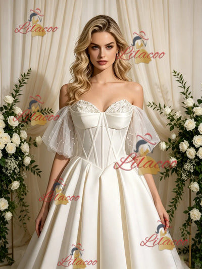 Ivory Satin Strapless Beading Wedding Dress