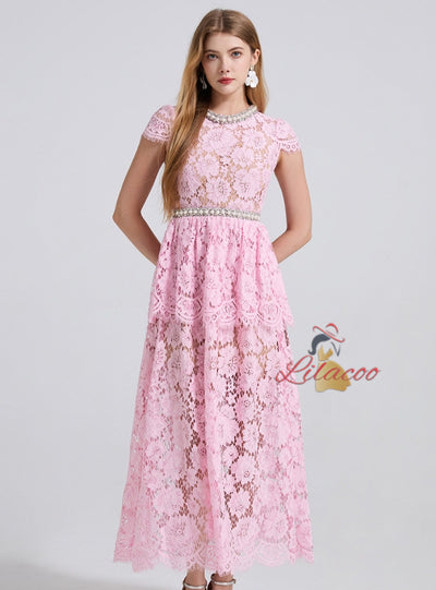 Heavy Industry Beaded Pearl Lace Short Sleeve Dress