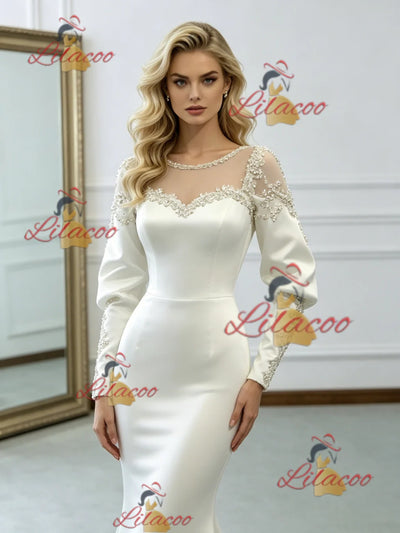 White Mermaid Satin Long Sleeve Wedding Dress