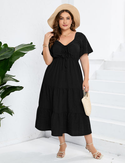 Large Size V-neck High Waist Short Sleeve Dress