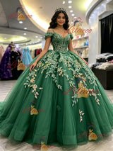 Green Tulle Off the Shoulder Appliques Quinceanera Dress