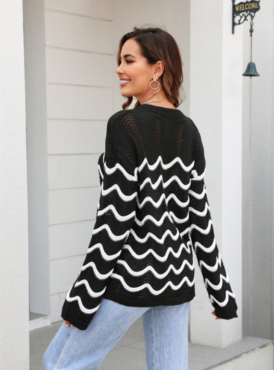 Long Sleeve Spliced Hollow Pullover Sweater