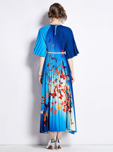 Printed Beaded Pleated Long Dress