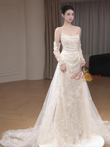 White Mermaid Tulle Lace Strapless Wedding Dress