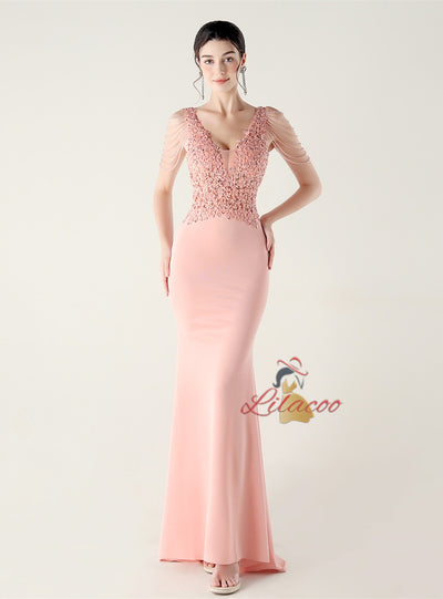 Mermaid V-neck Appliques Beading Prom Dress