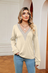 Solid Color V-neck Loose Long Sleeve T-shirt