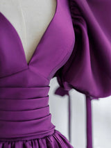 Purple Satin Puff Sleeve V-neck Backless Prom Dress