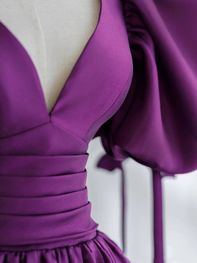 Purple Satin Puff Sleeve V-neck Backless Prom Dress