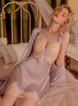 Sexy Satin Stitching Lace Strap Pajamas Set