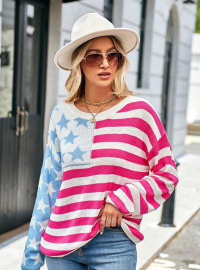 Loose Striped Color Matching Round Neck Sweater