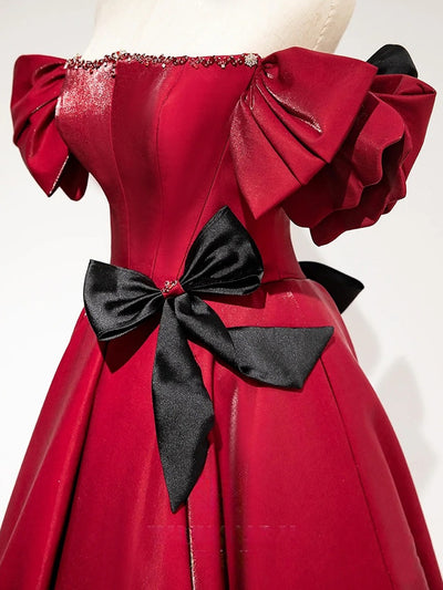Burgundy Beading Bow Prom Dress