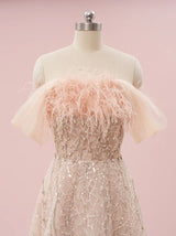 Champagne Tulle Sequins Beading Feather Prom Dress