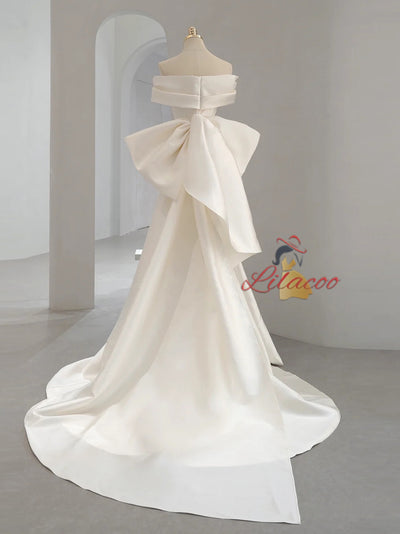 Ivory White Satin Pleats Wedding Dress