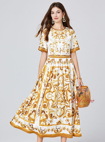 Retro Short Sleeve Printed Dress