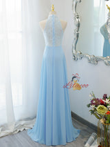Blue Chiffon Lace Halter Beading Prom Dress