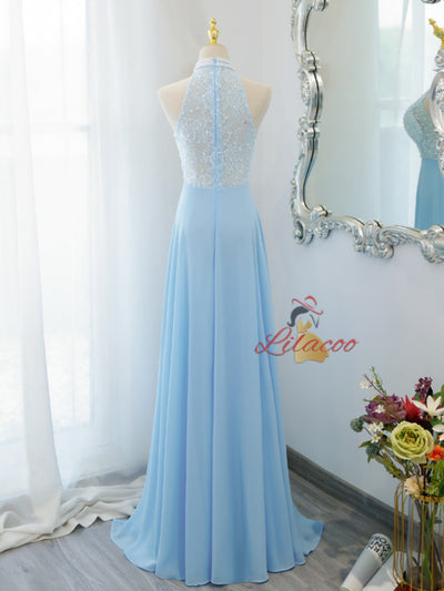 Blue Chiffon Lace Halter Beading Prom Dress