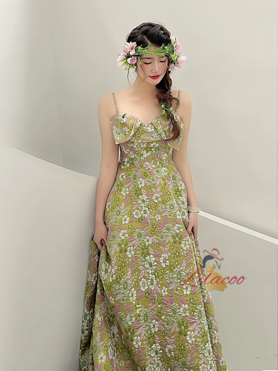 Green Print Spaghetti Straps Prom Dress