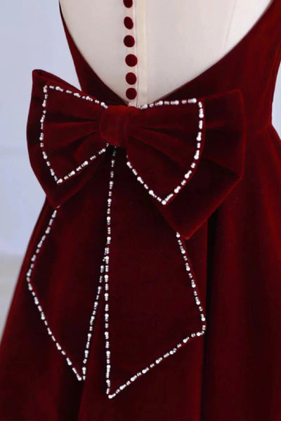 Burgundy Velvet Beading Bow See Through Prom Dress