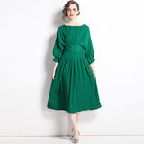 Bat Sleeve High Waist Pleated Dress with Belt