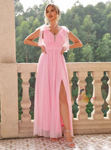 Pink Tulle V-neck Long Party Dress