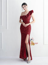 Mermaid Sequins One Shoulder Split Prom Dress