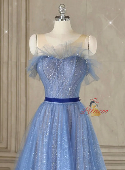 Blue Tulle Sequins Prom Dress