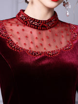 Burgundy Velvet Long Sleeve Mother Of The Bride Dress