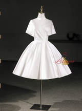 White Satin High Neck Pleats Wedding Dress